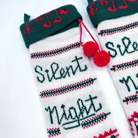 Vintage Knit Christmas Stockings 2 Pair Silent Night Music Notes Green Red - Picture 4 of 6